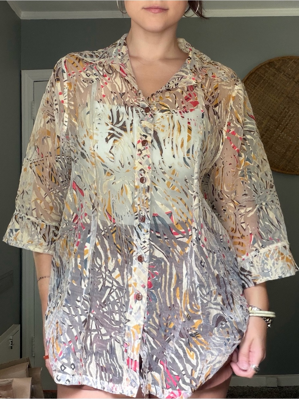 TanJay Multicolor Tan Patterned Sheer Button-Front Shirt